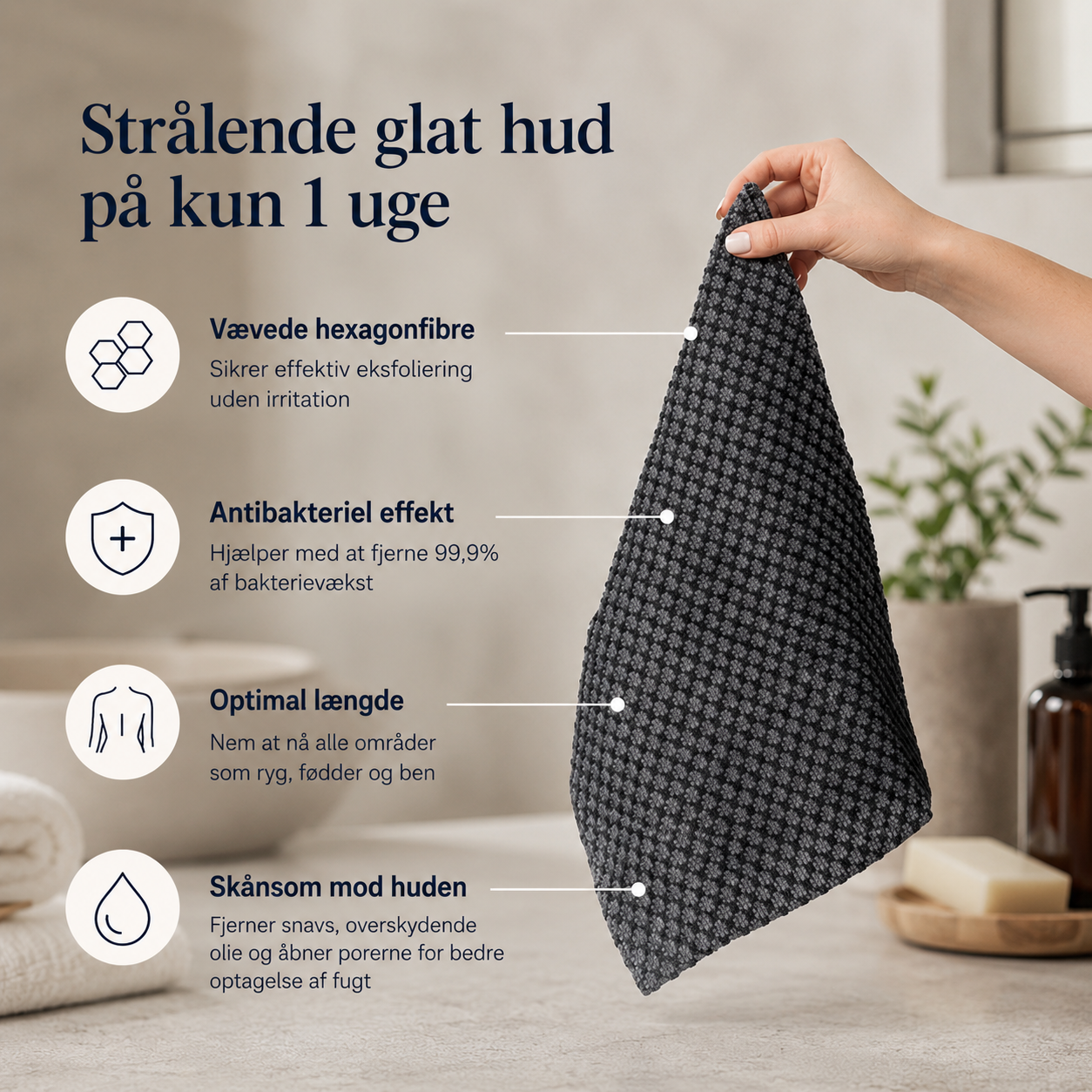Eksfolierende antibakterielt badehåndklæde